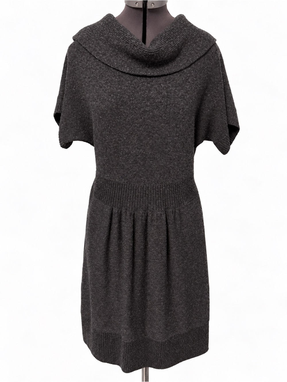 LOFT Charcoal Gray Merino Wool Cowl Neck Sweater Dress Fit Flare Autumn Fall - Picture 3 of 6
